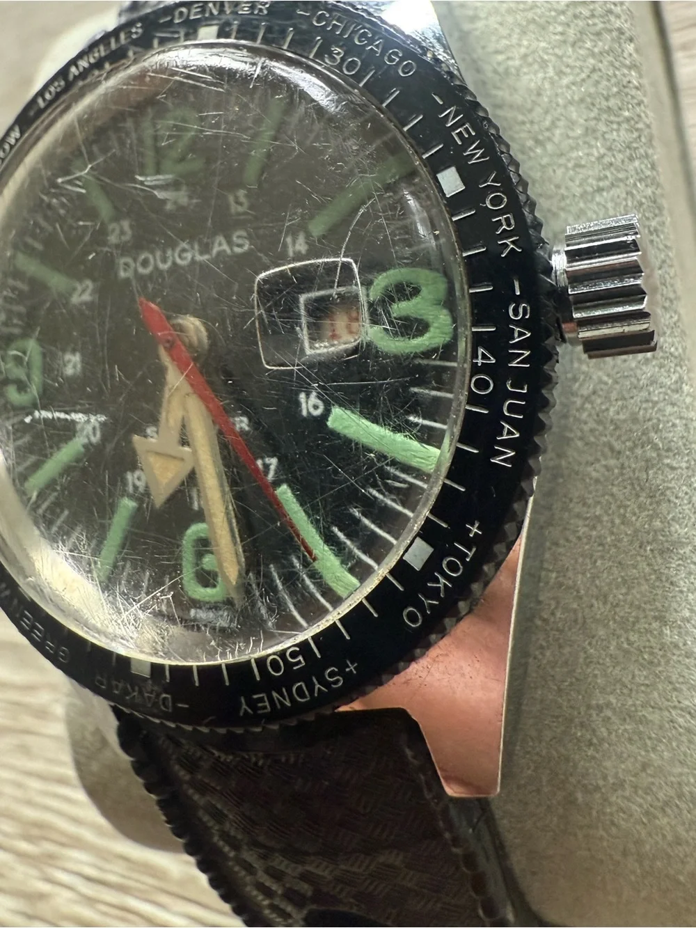 1960s Douglas Vintage Pilot Style Watch — Black Dial with Green Accents (parts)